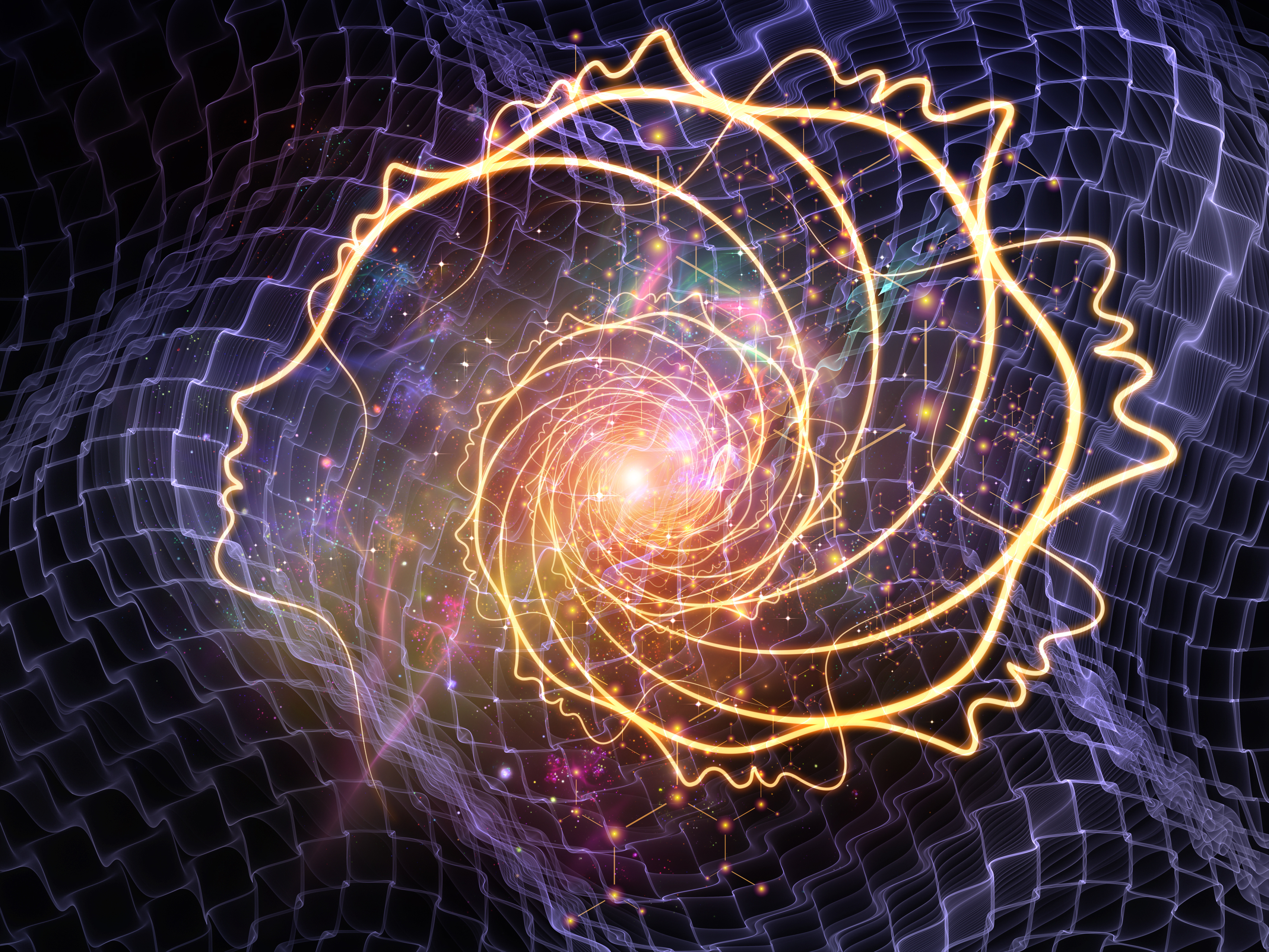 Out of Your Mind Science series. Background of spiral of human silhouette face line and abstract elements on the subject of consciousness, the mind, artificial intelligence and technology